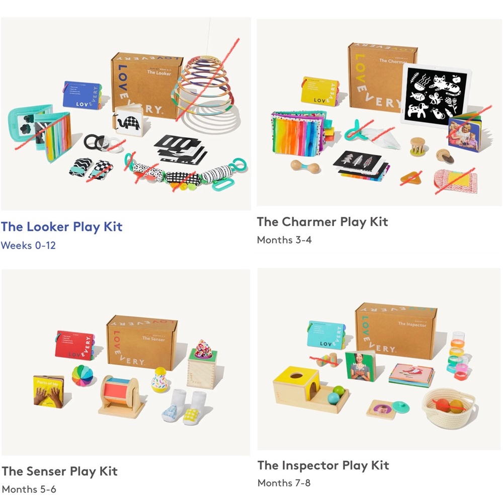 Bundle of Lovevery month 0-8 play kits, looker charmer senser inspector